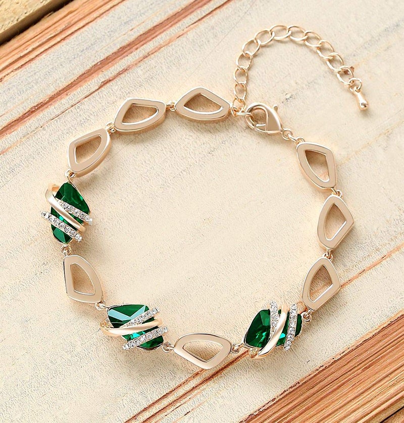 Leafael Wish Stone Link Charm Bracelet with Emerald Green Birthstone Crystal for May, Rose Gold Plated, 7"+2" - Image 3